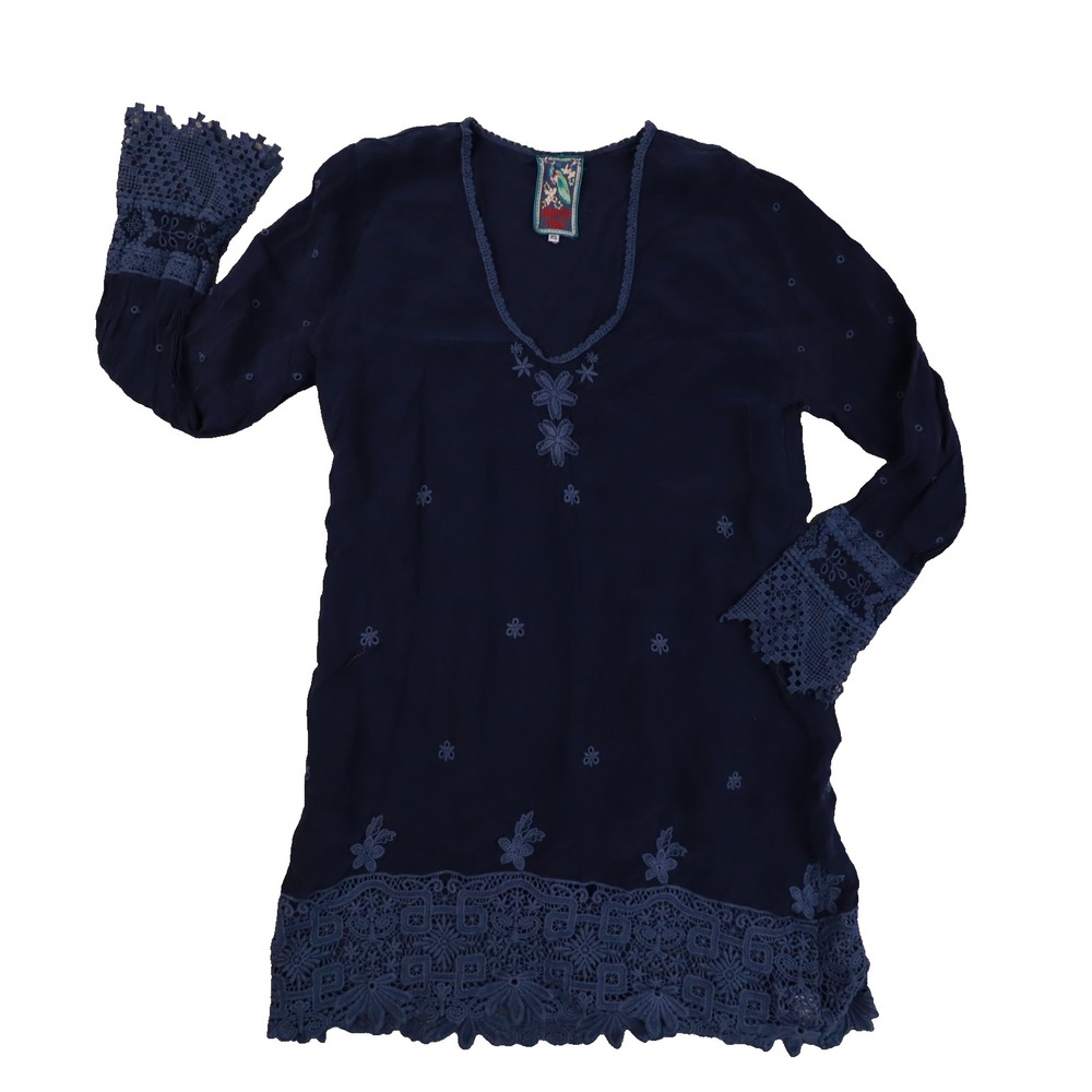 Johnny Was Navy Blue Long Sleeve Crochet Eyelet Lace Trim V Neck Tunic Womens XS